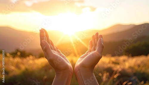 Cupped hands reaching up to embrace the bright setting or rising sun over a hazy mountain landscape.