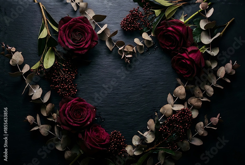 AI GENERATED: Dark moody botanical flat lay with deep burgundy roses and berries forming a heart shaped negative space on black background