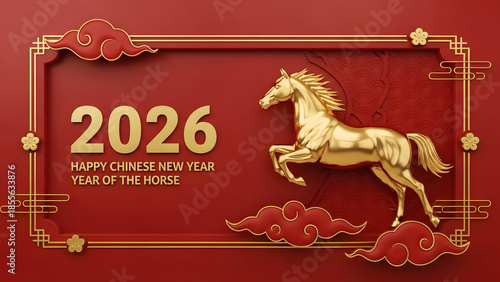 Happy Chinese New Year 2026 celebration with golden horse
