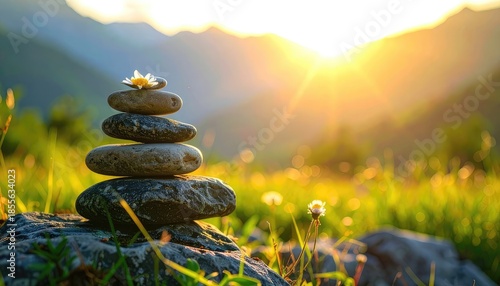 A balanced stack of stones with a small white flower topped against a vibrant, sunlit mountain meadow backdrop.