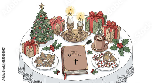Christmas table with gospel book, gifts, and festive treats drawing