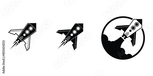 This silhouette icon set illustrates a rocket in multiple launch and flight variations, symbolizing innovation, ambition, speed, progress, and exploration