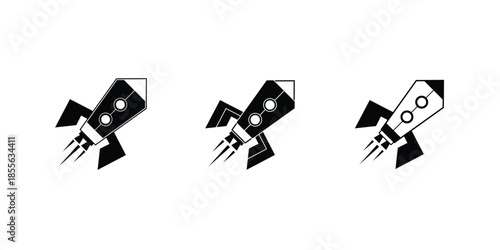 This silhouette icon set illustrates a rocket in multiple launch and flight variations, symbolizing innovation, ambition, speed, progress, and exploration