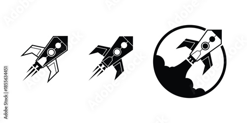 This silhouette icon set illustrates a rocket in multiple launch and flight variations, symbolizing innovation, ambition, speed, progress, and exploration