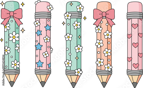 Cute Decorative Pencil Set With Bows Flowers Hearts And Stars Pastel School Stationery Vector Illustration