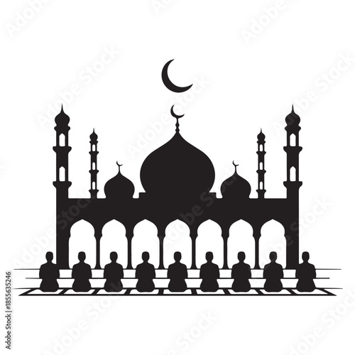 Eid ul Fitr Silhouette – Mosque Courtyard with People Praying and Crescent Minimal Vector