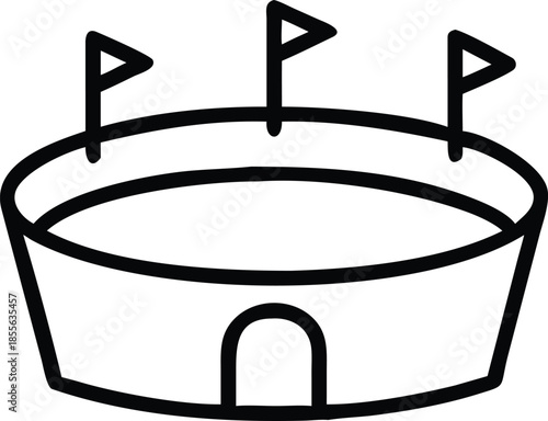 A vector line art of a sports stadium icon with flags.