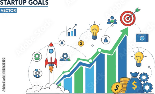 Visual representation of startup goals achievement showing a rocket launch leading to financial success and reaching a business target through innovation and teamwork