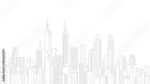 Detailed black and white line art drawing showcasing a dense and varied metropolitan cityscape panorama against a stark white background emphasizing architectural outlines.