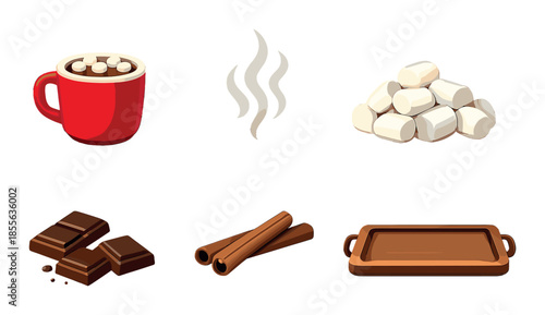 Hot chocolate mug with marshmallows, chocolate, cinnamon, and tray