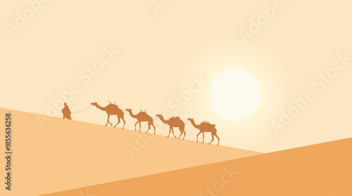 A camel caravan in a scorching desert. Desert dunes with a camel caravan. Landscape in a hot desert.