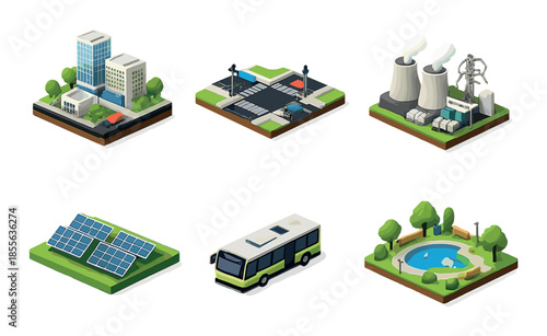 Isometric city elements: buildings, traffic, power plant, solar panels, bus, and park