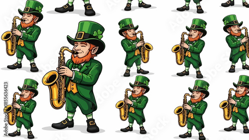 Pattern of leprechauns playing saxophones, wearing green suits and hats.
