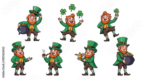 A collection of seven cartoon leprechauns in various poses, each wearing a green hat and coat, some holding shamrocks and pots of gold.