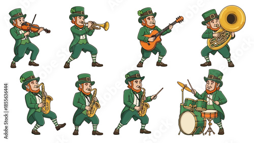 Illustration of a band of leprechauns playing various musical instruments, in green outfits.