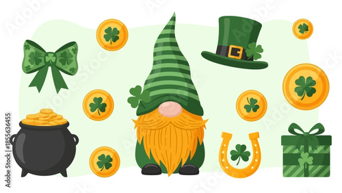 A collection of St. Patrick's Day themed graphic elements including a gnome, pot of gold, coins, horseshoe, gift, and bow.