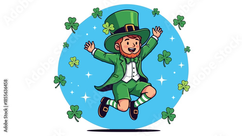A cheerful leprechaun in a green suit and hat jumps surrounded by clovers.