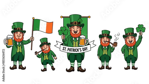 Five cartoon leprechauns in green outfits, celebrating St. Patrick's Day with various props.