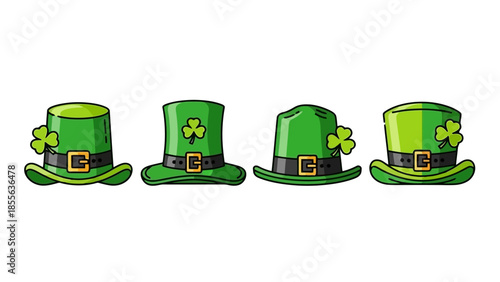 Four green St. Patrick's Day hats with shamrocks and black belts.