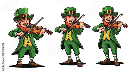 A cheerful leprechaun with a green hat and outfit, surrounded by shamrocks, celebrating.