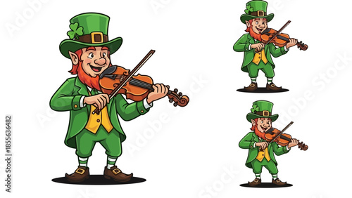 A cheerful leprechaun in a green suit and hat plays the violin, with smaller versions of himself in the background.