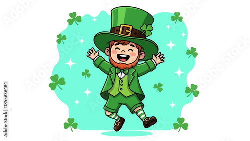 A cheerful leprechaun with a green hat and outfit, surrounded by shamrocks, celebrating.
