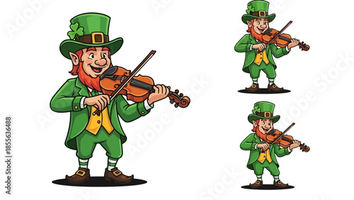 Illustration of a leprechaun playing the violin, with two additional similar images.