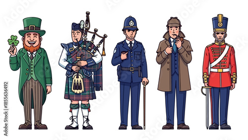 Illustration depicting five individuals in traditional attire, representing different cultures and professions.