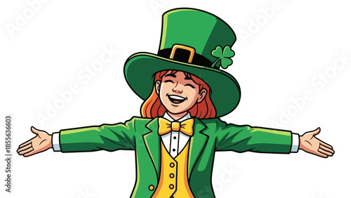 Cartoon woman in green St. Patrick's Day outfit with arms outstretched.