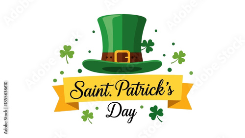 A cheerful leprechaun with a green hat and outfit, surrounded by shamrocks, celebrating.