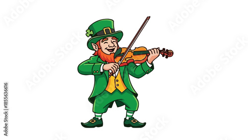 A cheerful leprechaun wearing a green suit and hat, playing the violin with glee.