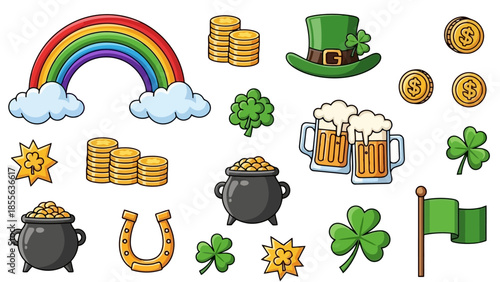 A cheerful leprechaun with a green hat and outfit, surrounded by shamrocks, celebrating.