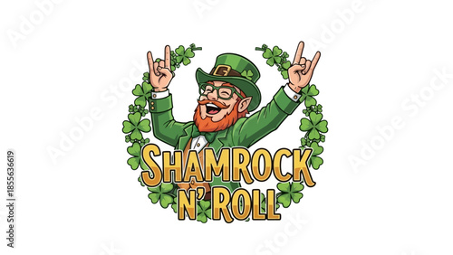 A cheerful leprechaun with a green hat and outfit, surrounded by shamrocks, celebrating.