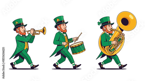 Three leprechauns in green suits and hats marching and playing musical instruments.