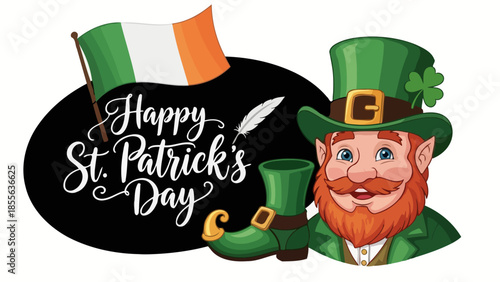 A cheerful leprechaun with a green hat and outfit, surrounded by shamrocks, celebrating.