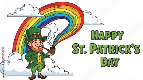 A cheerful leprechaun with a green hat and outfit, surrounded by shamrocks, celebrating.