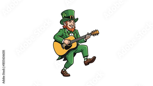 Cartoon leprechaun playing guitar, wearing green suit and hat with shamrock.