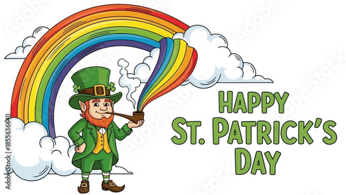 A cheerful leprechaun with a green hat and outfit, surrounded by shamrocks, celebrating.