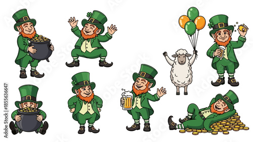 A cheerful leprechaun with a green hat and outfit, surrounded by shamrocks, celebrating.