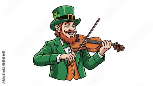 A cheerful leprechaun with a green hat and outfit, surrounded by shamrocks, celebrating.