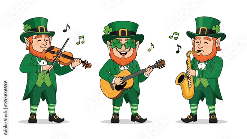 A cheerful leprechaun with a green hat and outfit, surrounded by shamrocks, celebrating.