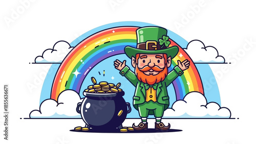 A cheerful leprechaun with a green hat and outfit, surrounded by shamrocks, celebrating.
