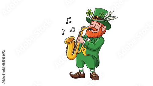 A cheerful leprechaun with a green hat and outfit, surrounded by shamrocks, celebrating.