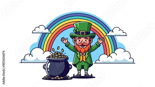 A cheerful leprechaun with a green hat and outfit, surrounded by shamrocks, celebrating.