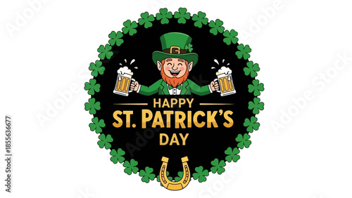 A cheerful leprechaun with a green hat and outfit, surrounded by shamrocks, celebrating.