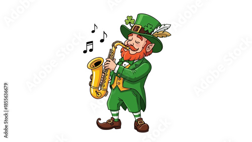 A cheerful leprechaun with a green hat and outfit, surrounded by shamrocks, celebrating.