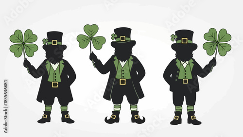 Three leprechaun silhouettes holding shamrocks, celebrating St. Patrick's Day with festive attire.