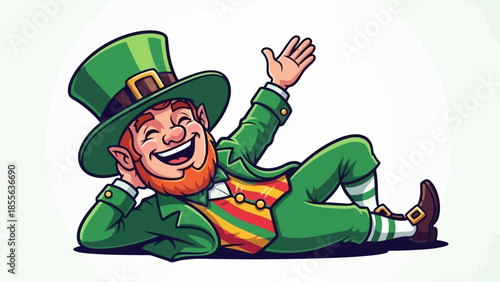 A cheerful leprechaun with a green hat and outfit, surrounded by shamrocks, celebrating.