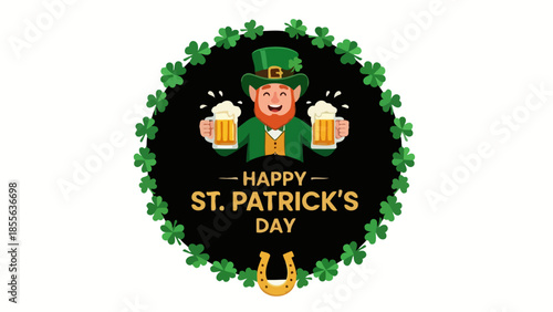 A cheerful leprechaun with a green hat and outfit, surrounded by shamrocks, celebrating.