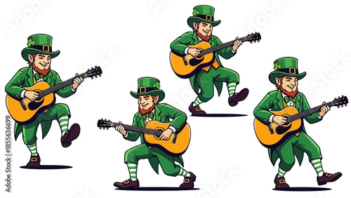A group of leprechauns playing acoustic guitars in a festive St. Patrick's Day theme.